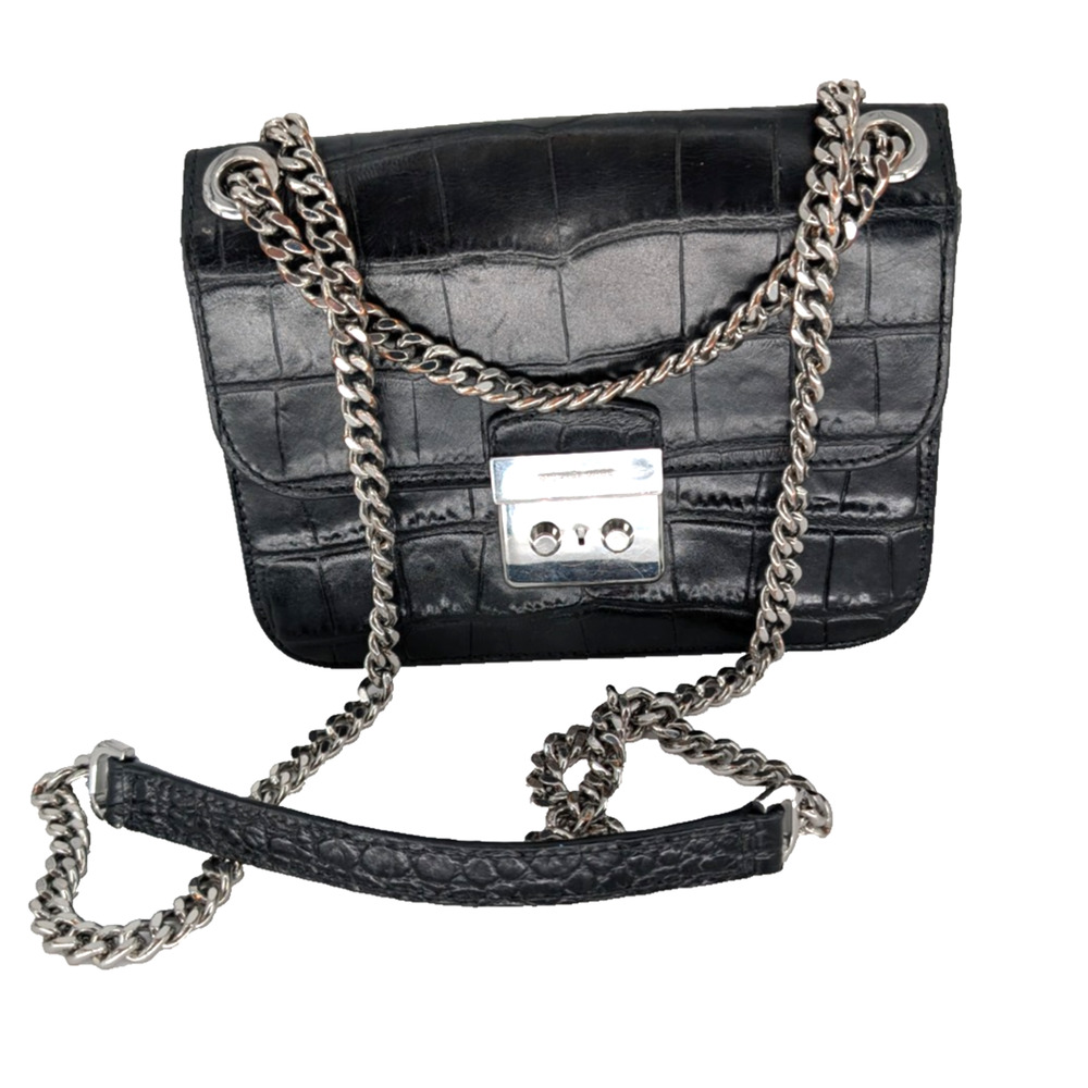 Michael Kors Sloan Editor Black Leather Crocodile Embossed Chain Strap Handbag - Picture 14 of 14